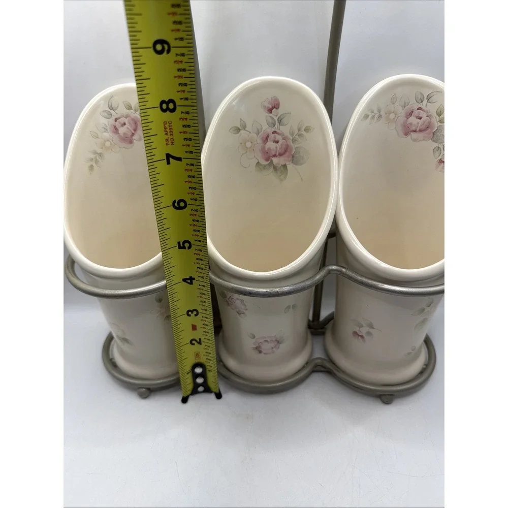 Pfaltzgraff TEA ROSE Flatware Caddy Silverware Utensil Holder With Stand.